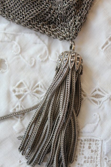 フランスアンティーク ローズガーランドとリボンのシルバーメッシュの