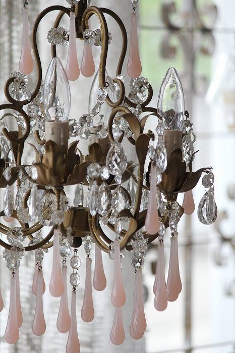 アンティークシャンデリア ピンクオパーリン＆クリスタルドロップ 5灯