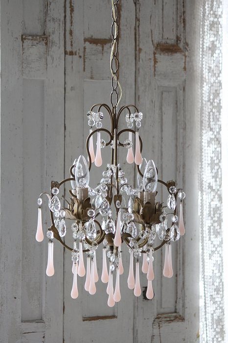 アンティークシャンデリア ピンクオパーリン＆クリスタルドロップ 5灯