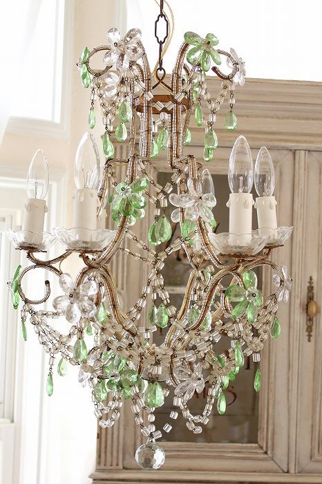 アンティークシャンデリア フランスアンティーク グリーンクリスタル
