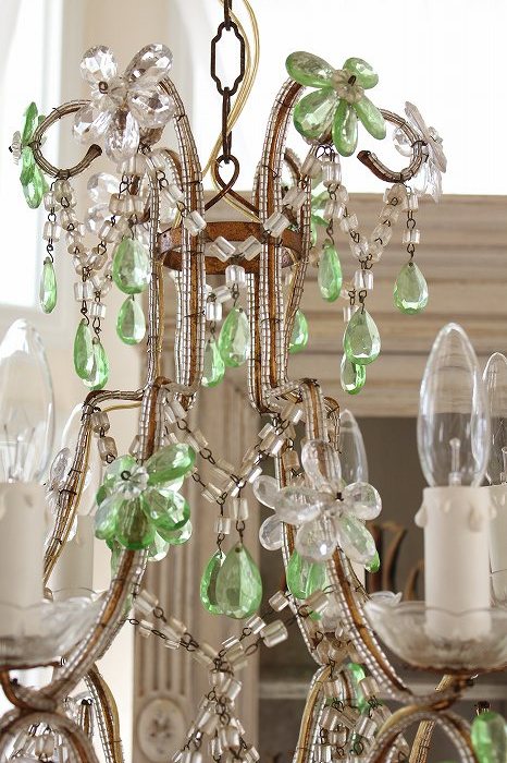 アンティークシャンデリア フランスアンティーク グリーンクリスタル