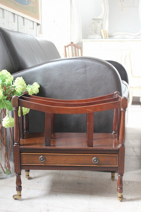 アンティーク 木製 マガジンラック 引出し付き キャスター付き