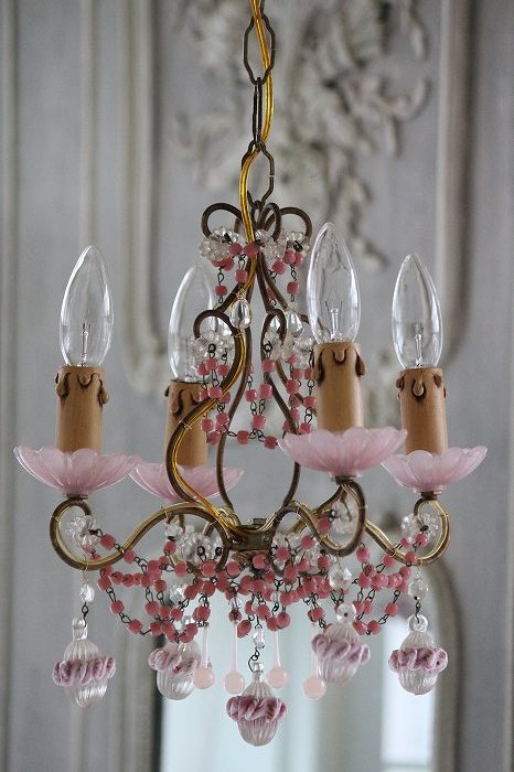 1940-1950フレンチシャンデリア／ピンクオパーリン＆ムラーノフラワー