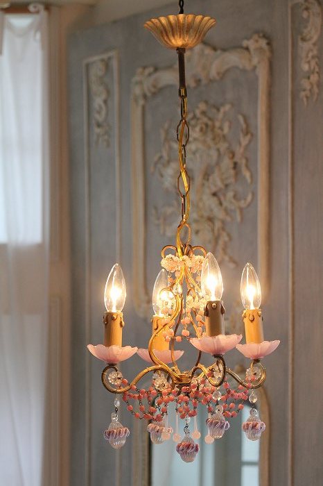 フレンチアンティーク　シャンデリア 1940-1950フレンチシャンデリア／ピンクオパーリン＆ムラーノフラワー