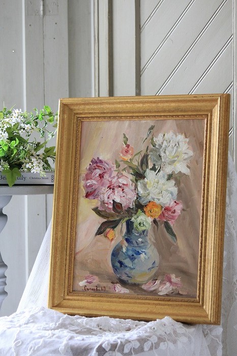 フランス　アンティーク　手描き　絵画　静物画 ロシア 印象派の静物画 ”夏の花” by 