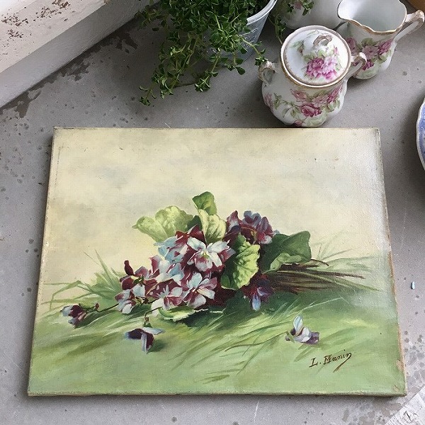 フランスアンティーク　スミレの古い油絵 フランスアンティークスミレの古い油絵