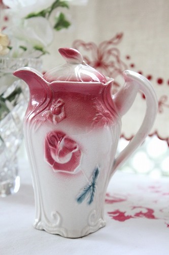 フランスアンティーク小鳥とピンクのお花ターコイズブルーのホーローピシェピッチャー フランスアンティーク小鳥とピンクのお花ターコイズブルーの