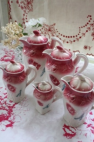 フランスアンティーク小鳥とピンクのお花ターコイズブルーのホーローピシェピッチャー フランスアンティーク小鳥とピンクのお花ターコイズブルーの