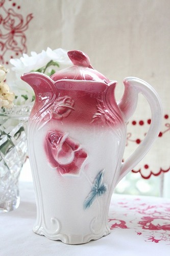 美しいアンティーク 薔薇 陶器 フランス語レタリング キャニスター