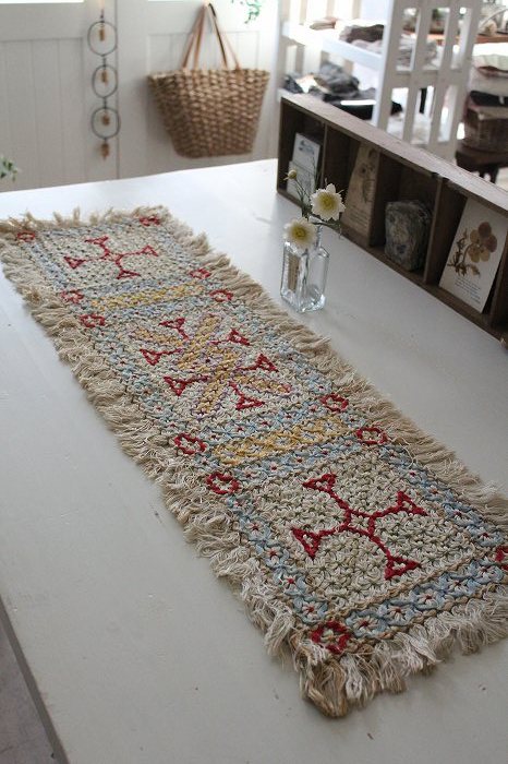 フランスアンティーク 手織りテーブルランナー 」ココン・フワット