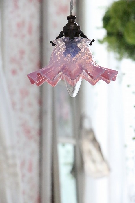 フランスアンティーク クランベリーオパールセントガラスシェード+灯具