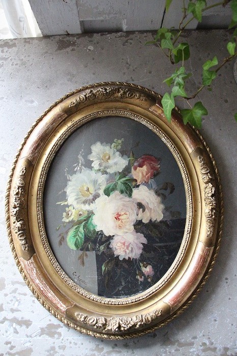 １８００年代 フランスアンティーク美しい薔薇のブーケの油絵 Ａ