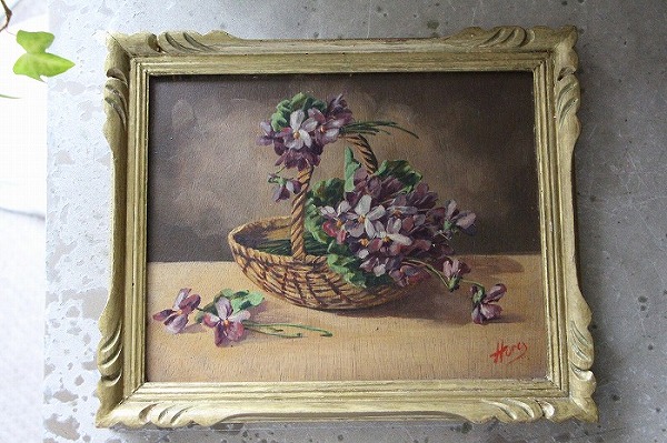 フランスアンティーク絵画 C.Kleinスタイルスミレの花かごの油絵