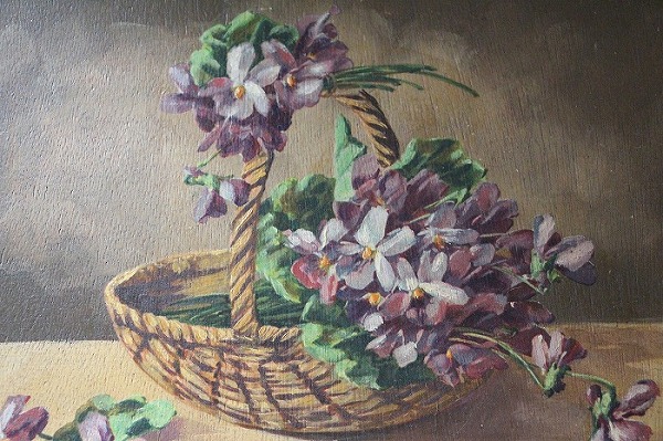 フランスアンティーク絵画 C.Kleinスタイルスミレの花かごの油絵