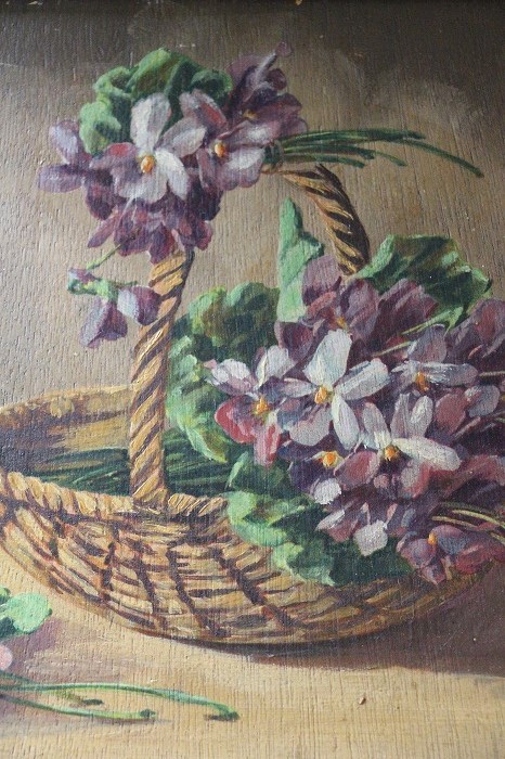 フランスアンティーク絵画 C.Kleinスタイルスミレの花かごの油絵