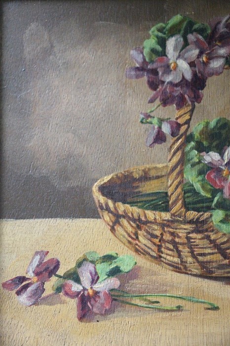 フランスアンティーク絵画 C.Kleinスタイルスミレの花かごの油絵