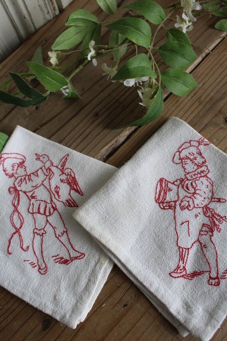 フランスアンティーク 手刺繍のコットンリネンクロス2枚セット