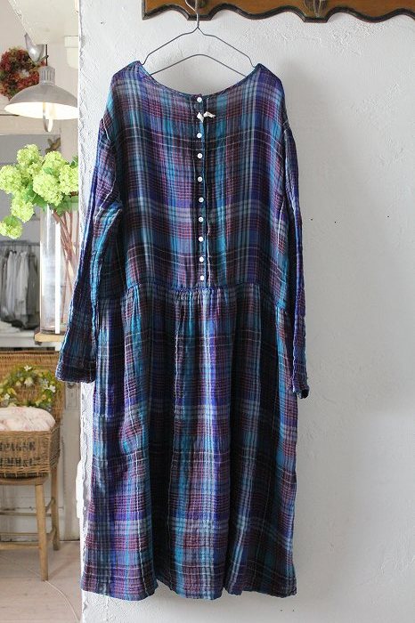 a+koloni コロニー ガーゼチェックワンピース」ナチュラル服の