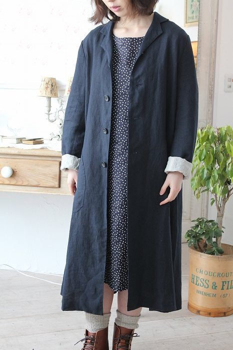 Blanc et Beige ブランエベージュ リネンロングコート ネイビー